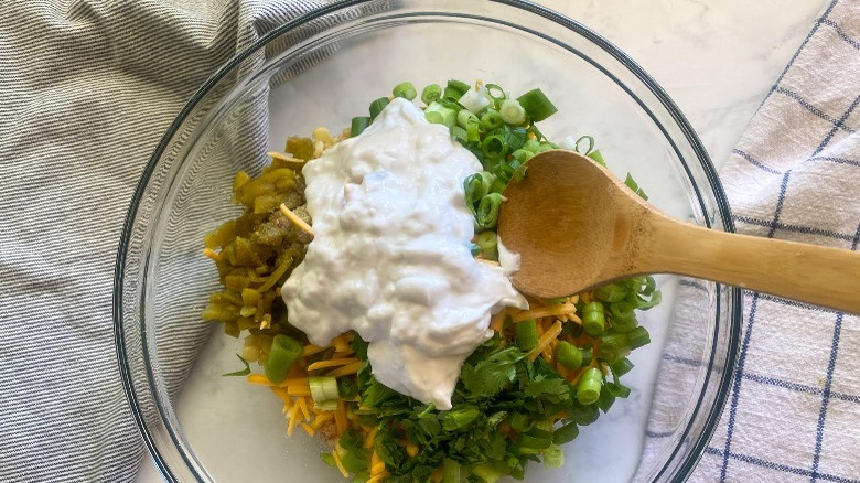 corn, sour cream, scallions, peppers