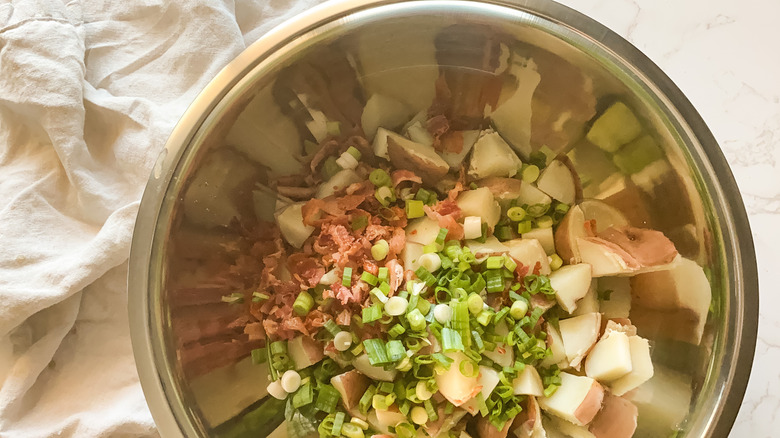 potato salad in metal bowl