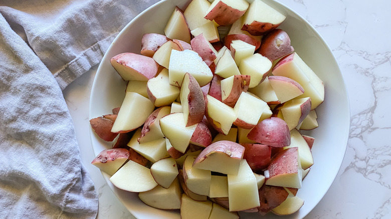 bowl of diced potatoes