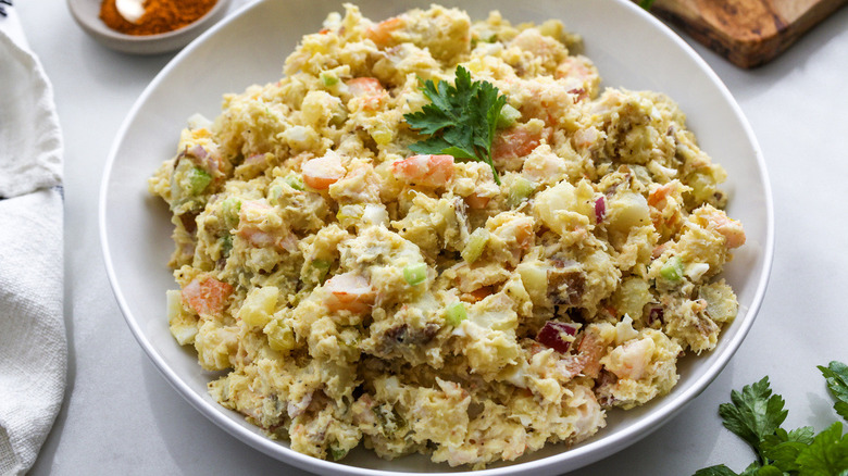 seafood potato salad in bowl