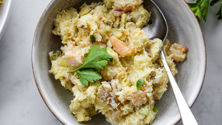 seafood potato salad in bowl