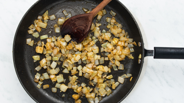 onion and garlic in pan 