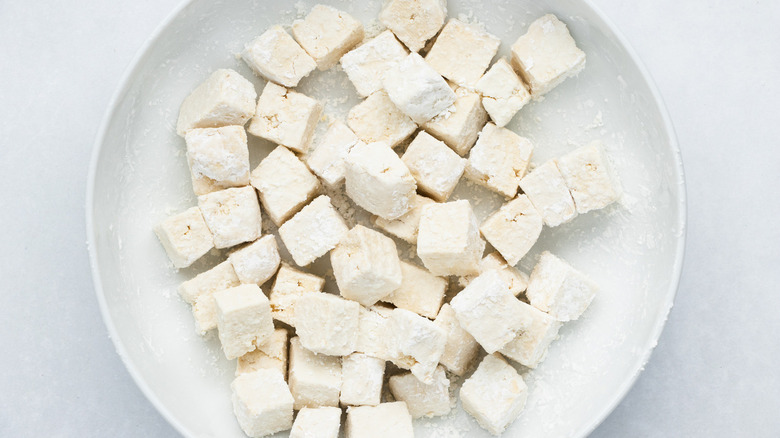 tofu cubes coated in cornstarch