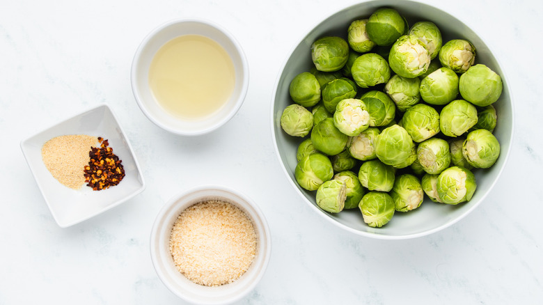 Smashed Brussels sprouts ingredients laid out in bowls