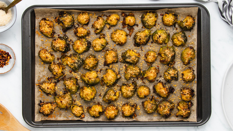 Crispy smashed Brussels sprouts on baking sheet