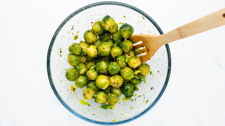 Brussels sprouts in mixing bowl