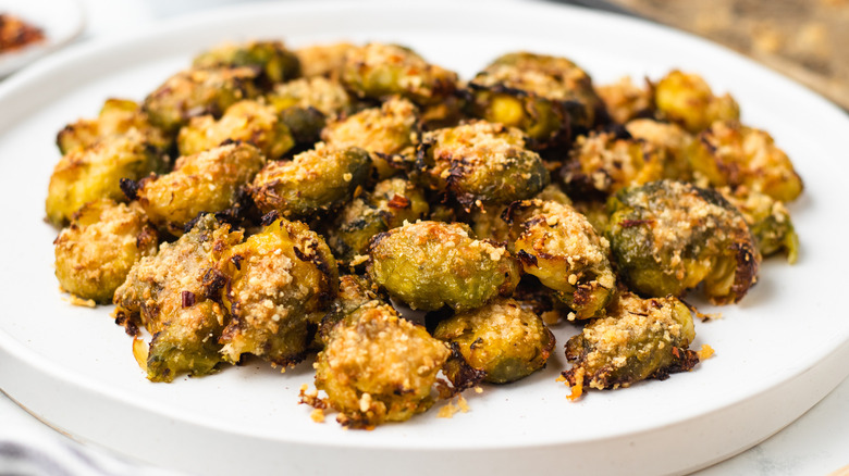 Crispy smashed Brussels sprouts on a plate