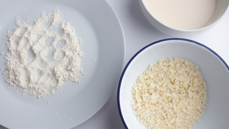 bowls of flour, milk, and panko for dredging