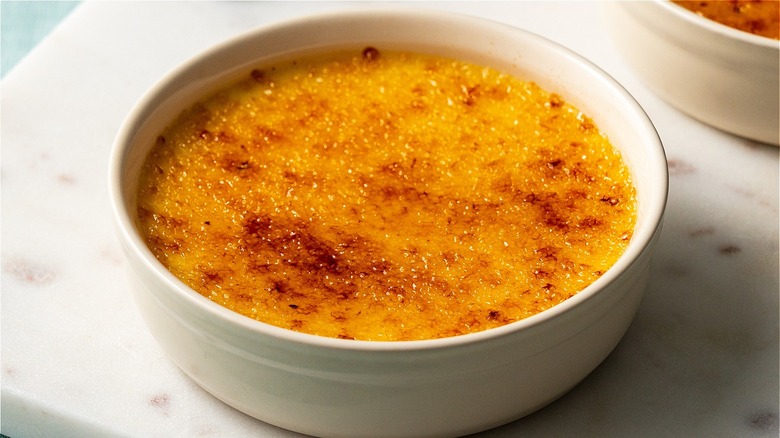 Creme brûlée in a white ramekin