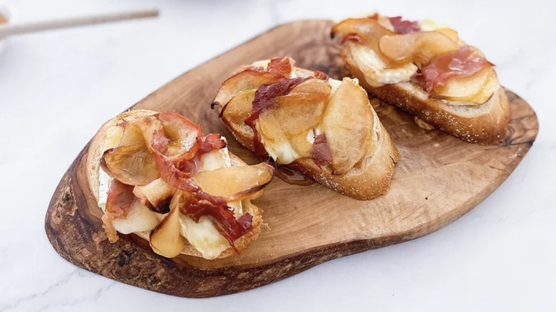 Brie Apple Honey Crostini on wood