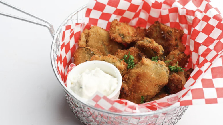 Deep Fried Dill Pickles on table