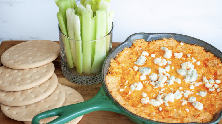 Easy Buffalo Chicken Dip in pan