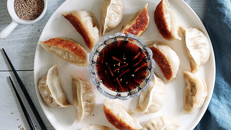 Spicy Chicken Potstickers on plate