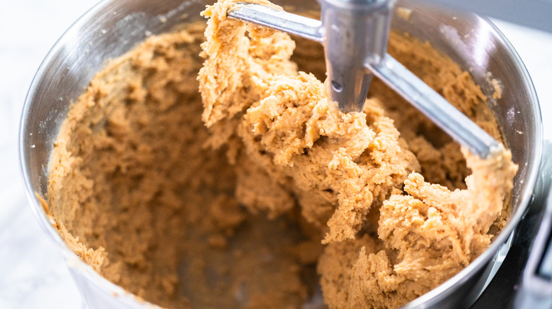 chocolate chip cookie dough in stand mixer