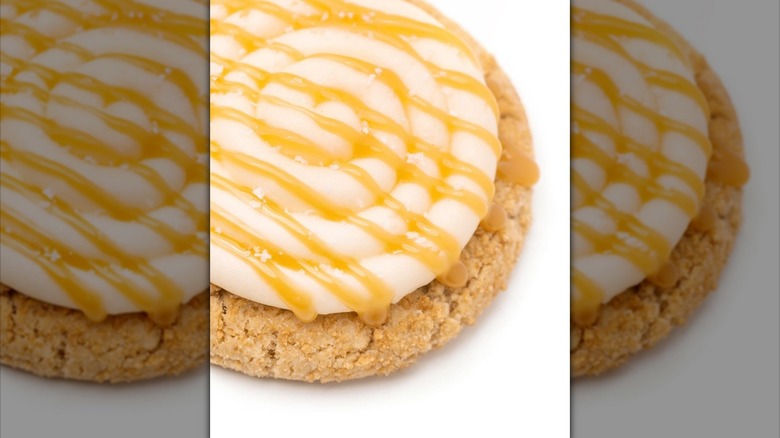 Closeup of salted caramel cheesecake cookie