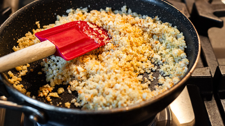 seasoned breadcrumbs in pan