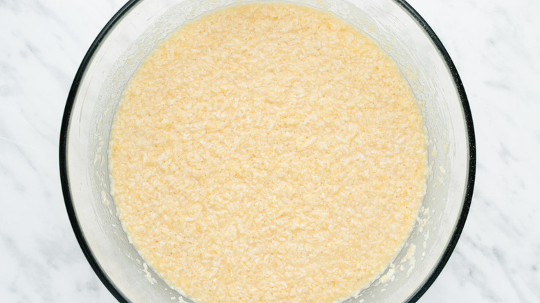 coconut pie mixture in bowl 