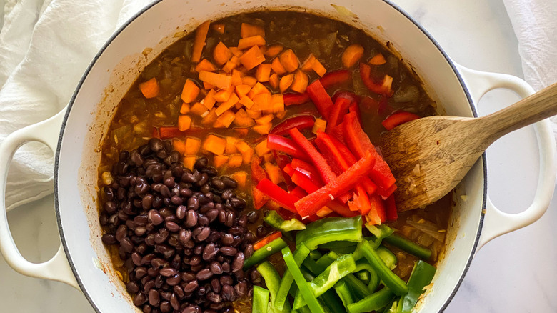 Cooking the veggies for black bean and rice dish