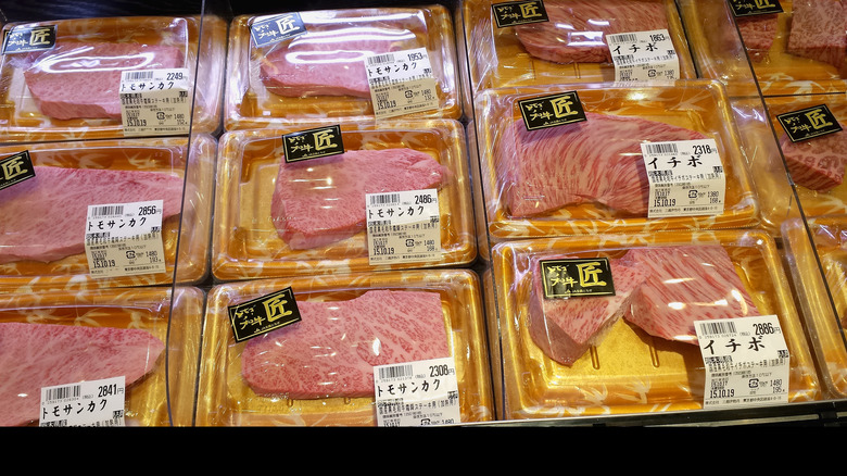 Prepackaged steak in a store