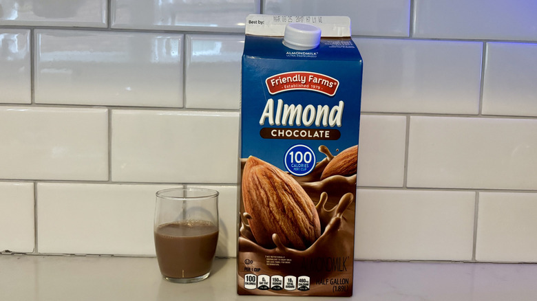 Container of Friendly Farms chocolate almond milk