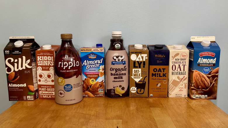 Bottles of dairy-free chocolate milks lined up