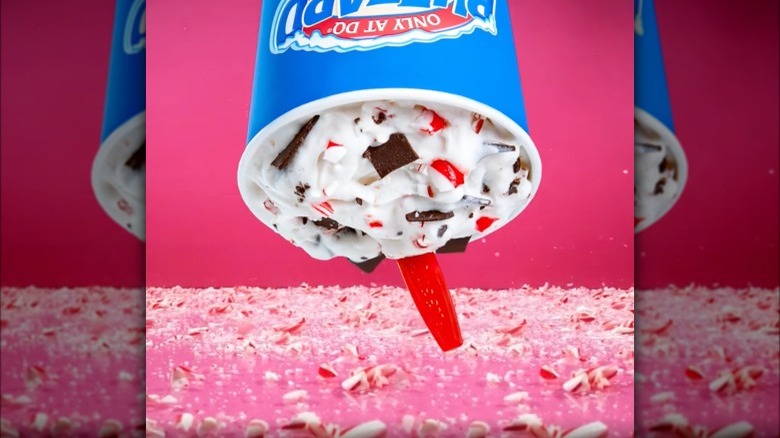 Dairy Queen's Candy Cane Chill Blizzard upside down with spoon