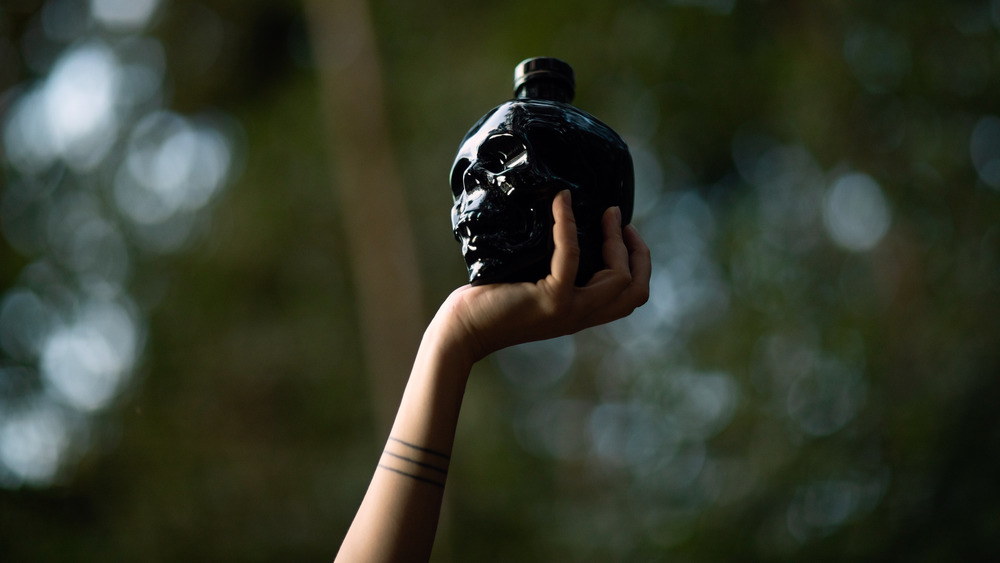 Crystal Head Onyx vodka bottle in hand