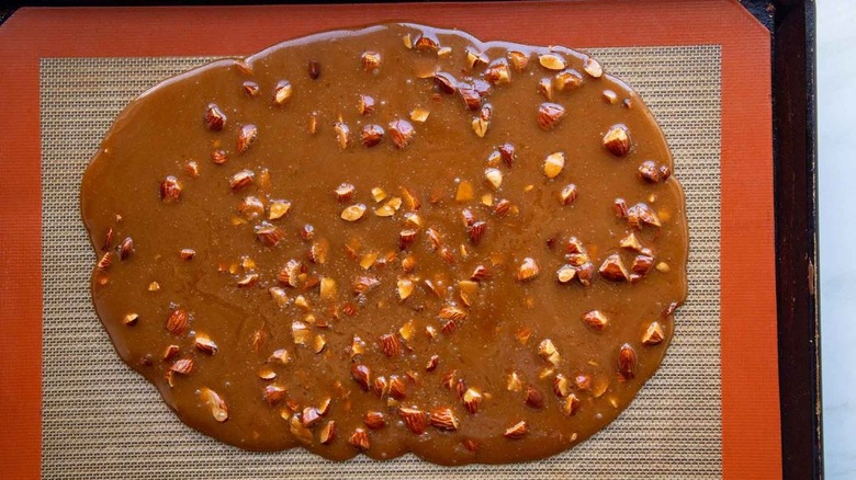 toffee with almonds in pan