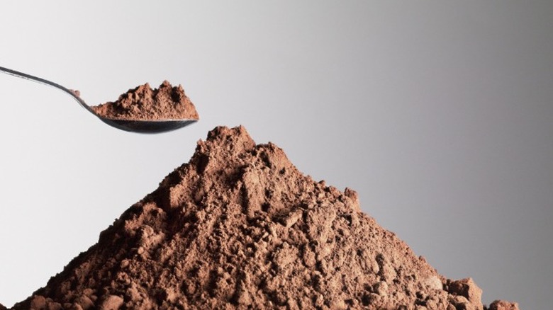 Spoonful and pile of cocoa powder 