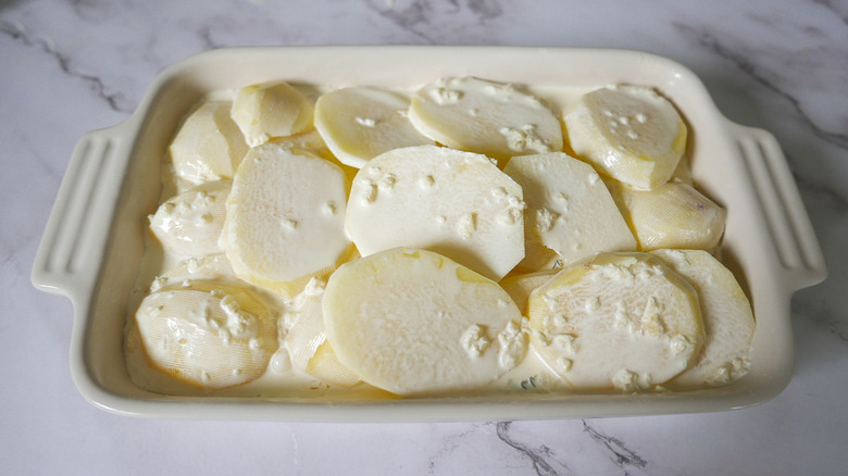 potatoes and cream in pan