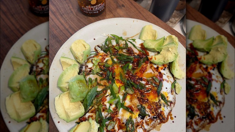 Eggs, avocado and scallions with Momofuku's chili oil