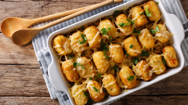 Tater tots covering a casserole 