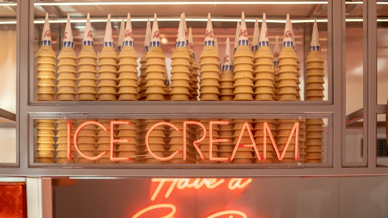 Ice cream cones stacked in ice cream cart