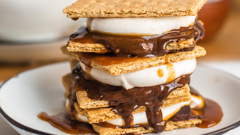 assembled s'mores stacked on plate