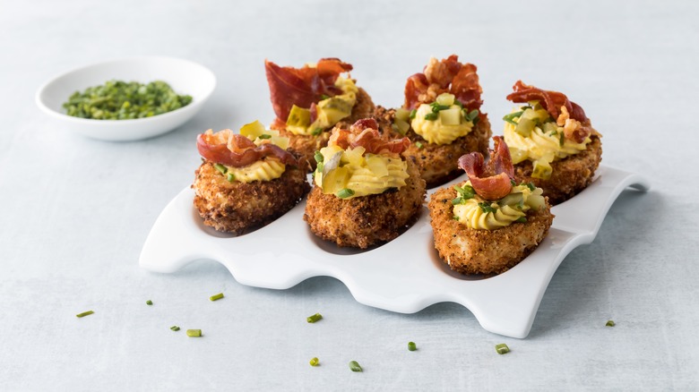 fried deviled eggs with chives