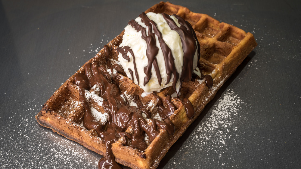 Waffle with ice cream and chocolate sauce