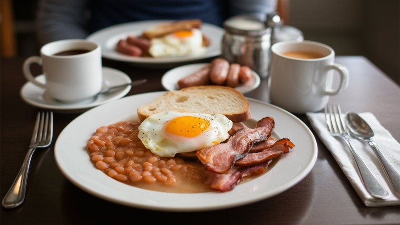 breakfast with beans, eggs, bacon