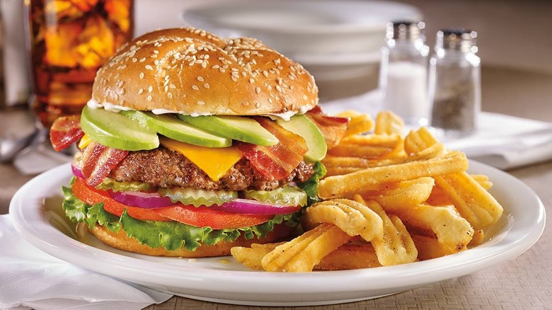 Denny's bacon burger with fries