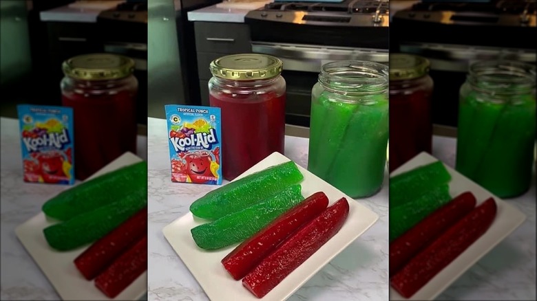 Kool-Aid pickles with jars