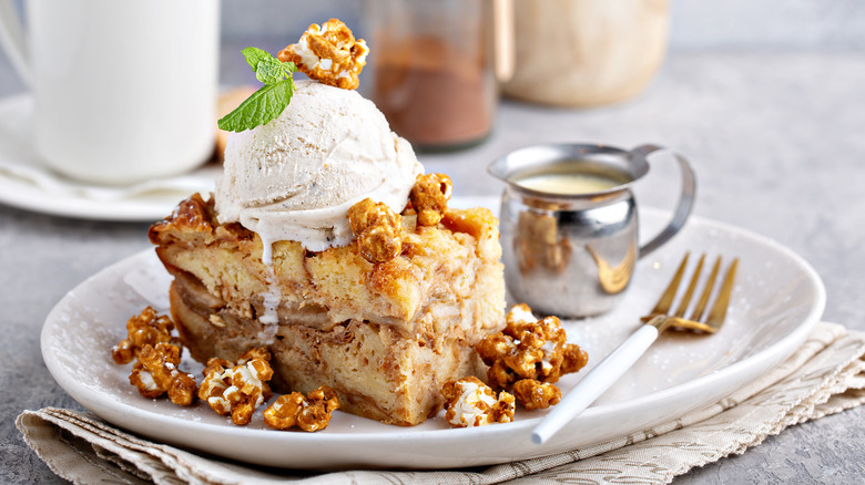 plate of bread pudding with ice cream