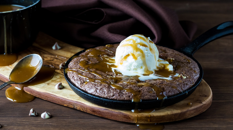 brownie with ice cream in skillet