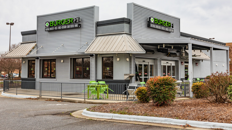 Outside a BurgerFi on an overcast day