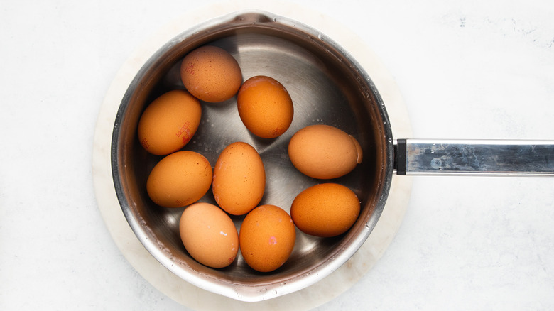 eggs in pan of boiling water