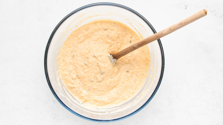 deviled egg dip in mixing bowl