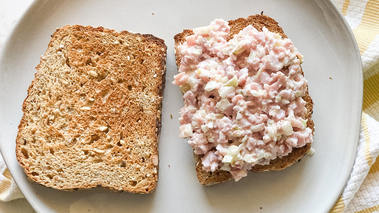 ham salad sandwich, pickles, celery