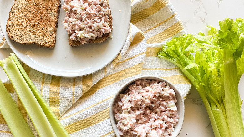 ham salad sandwich, pickles, celery