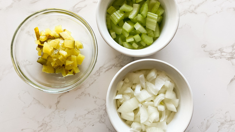 ingredients, deviled ham salad, pickles, celery, onion
