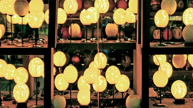 shelves of ostrich egg lamps