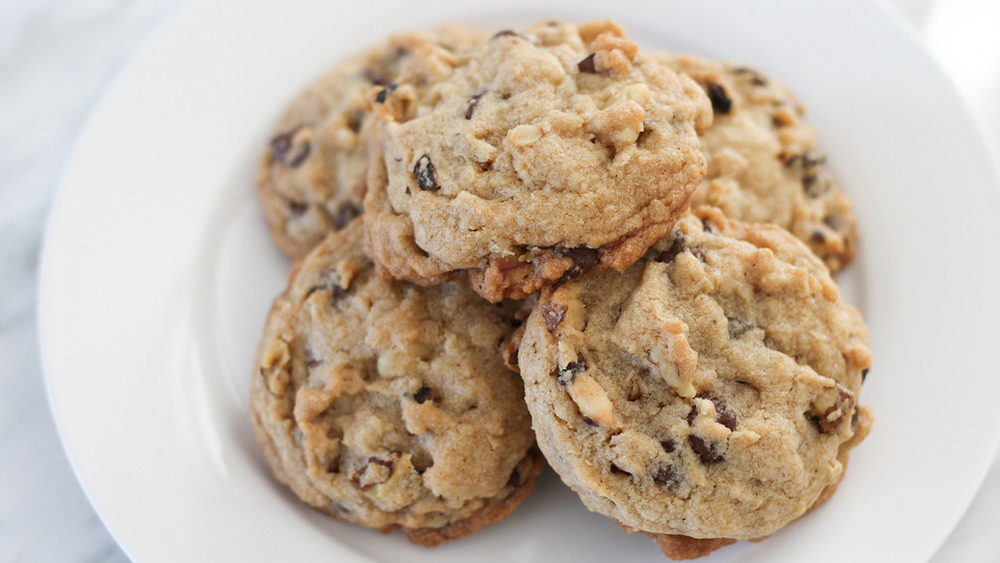 A plate of chocolate chip cookies