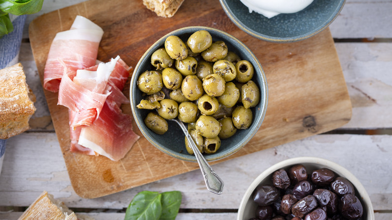 olives on charcuterie board